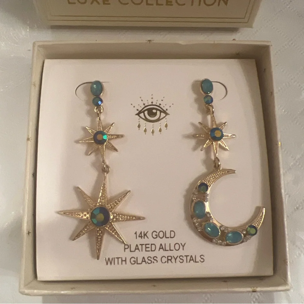 Eye Candy Gold Star and Moon Earrings with Blue Crystals - Picture 3 of 4